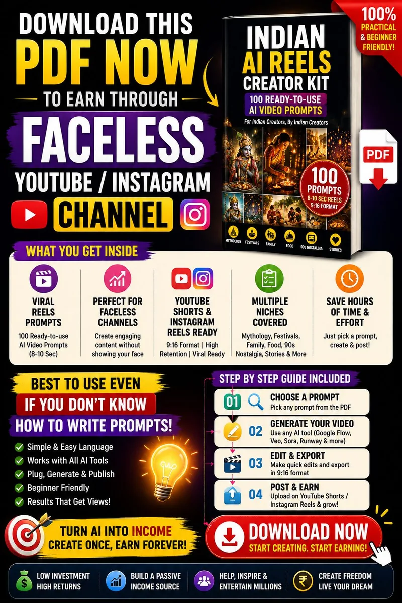 INDIAN AI REELS CREATOR KIT – 100 AI Video Prompts for Faceless YouTube Shorts & Instagram Reels
