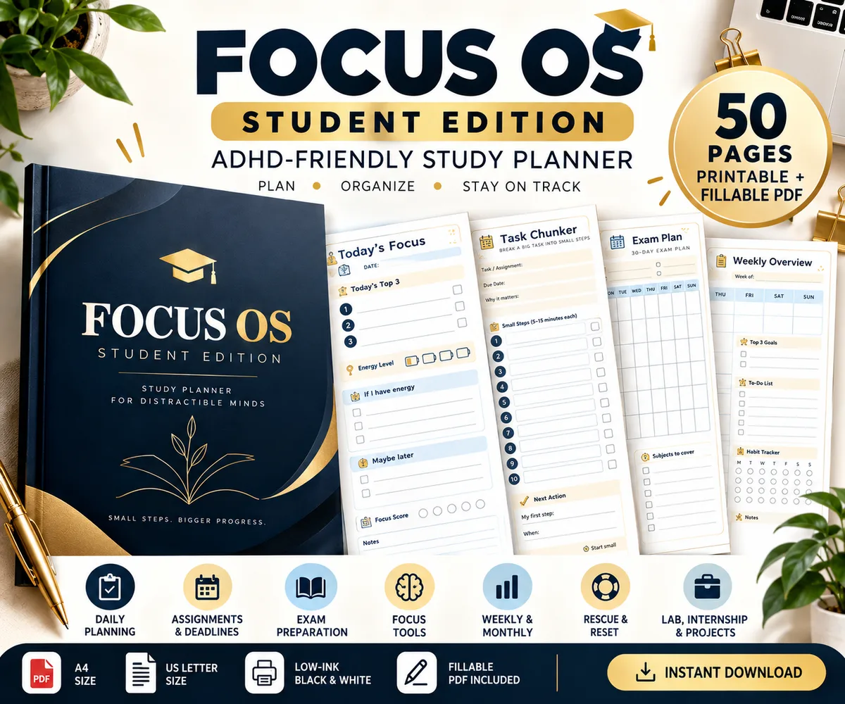 ADHD-Friendly Student Planner, 50-Page Undated Study Organizer (Fillable PDF)