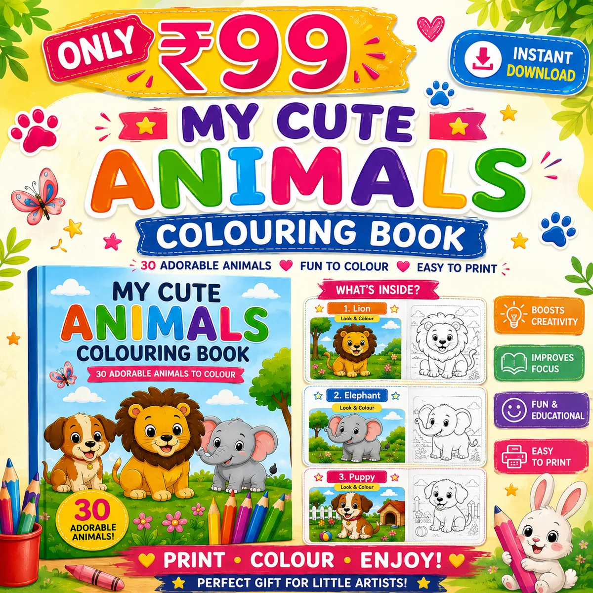 My Cute Animals – Printable Digital Colouring Book for Kids
